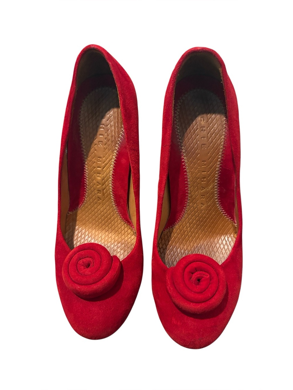 Vintage Chie Mihara  Red Suede Rosette Toe Accent Pumps Size 38 1/2
